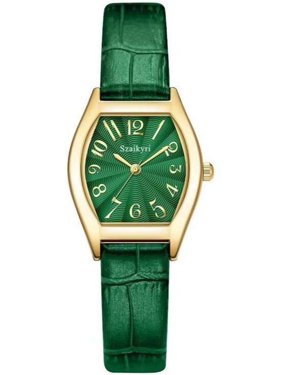 Accessories - Women's Green-Gold Barrel-Shaped Easy Read Arabic Numerals Dress Wrist Watch